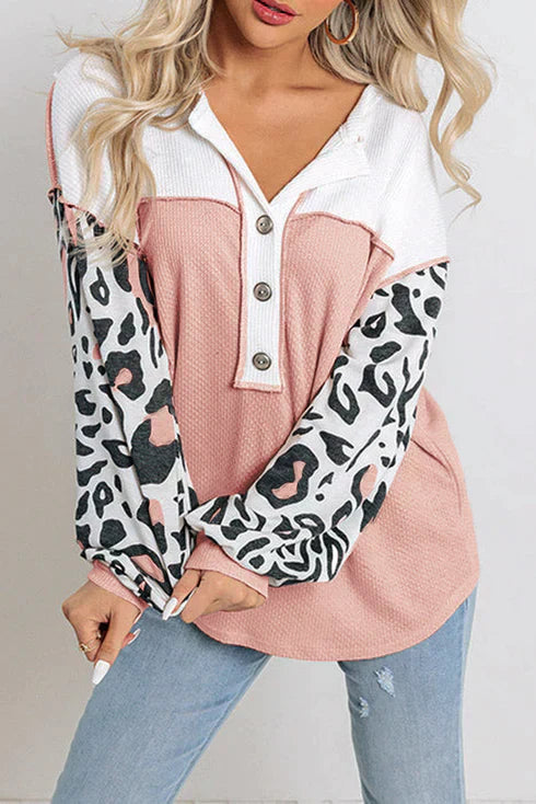Vivianne | Wafelgebreide Top met Luipaardmouwen - Fashion Lab