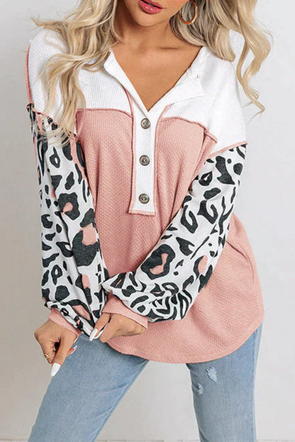Vivianne | Wafelgebreide Top met Luipaardmouwen - Fashion Lab