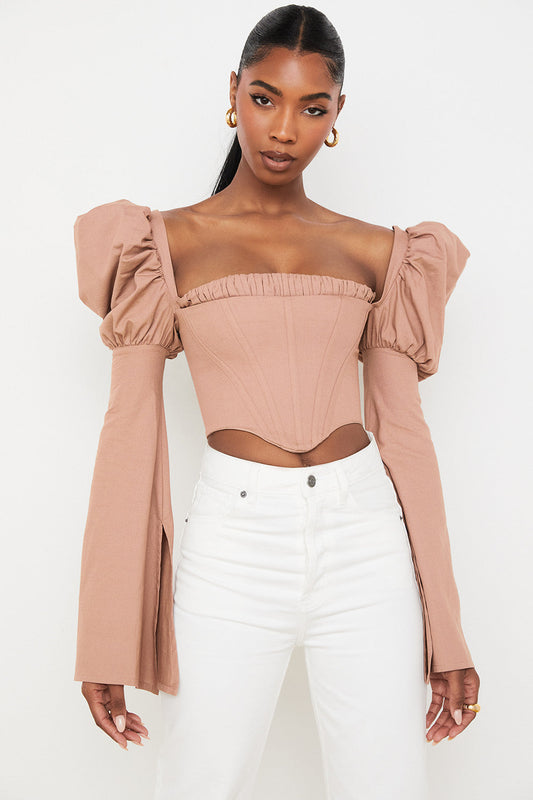 Olga | Mokka Pofmouwen Korset - Fashion Lab
