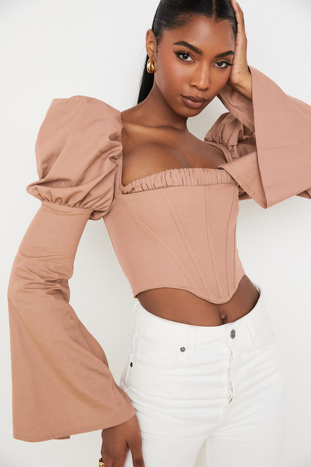 Olga | Mokka Pofmouwen Korset - Fashion Lab
