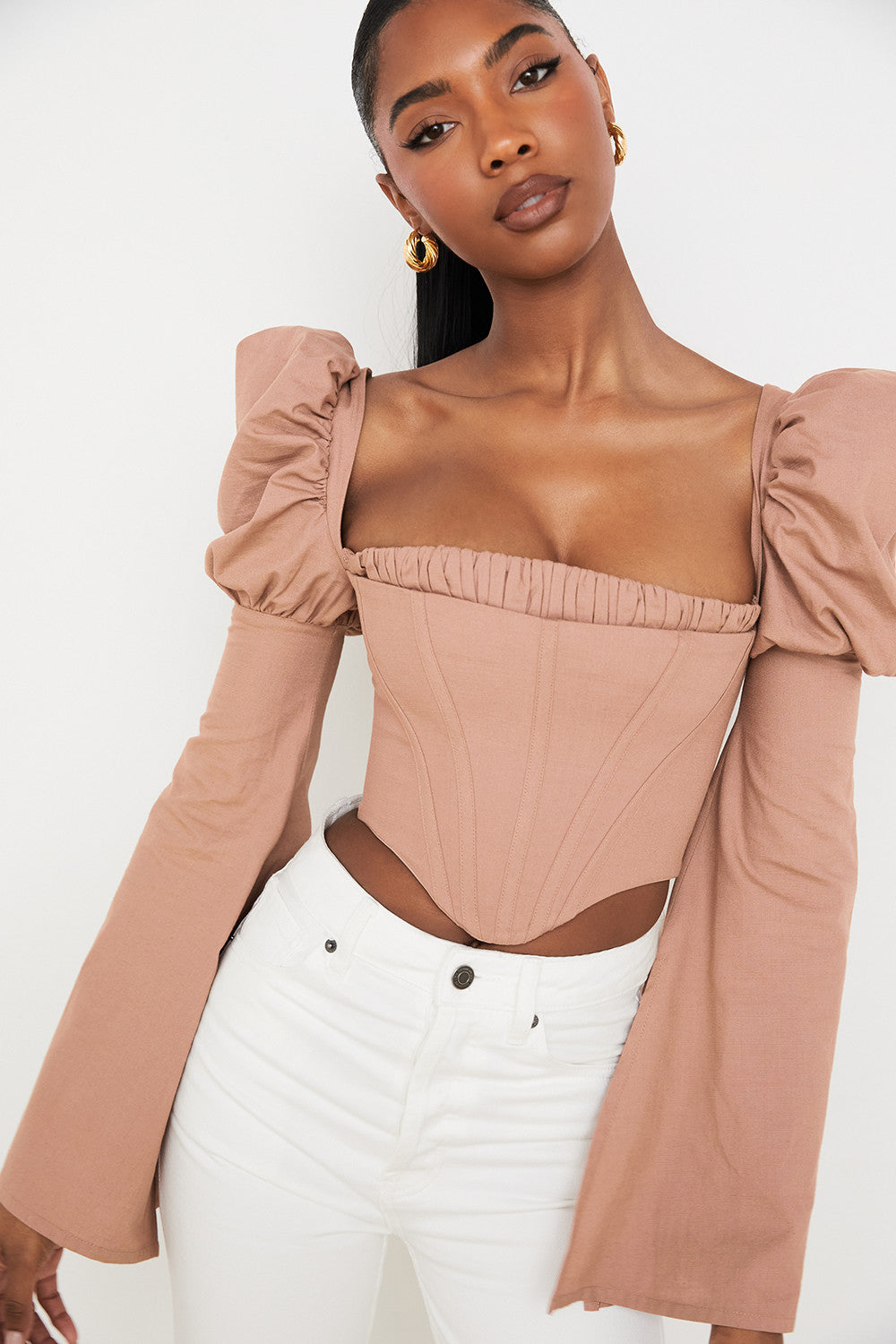 Olga | Mokka Pofmouwen Korset - Fashion Lab