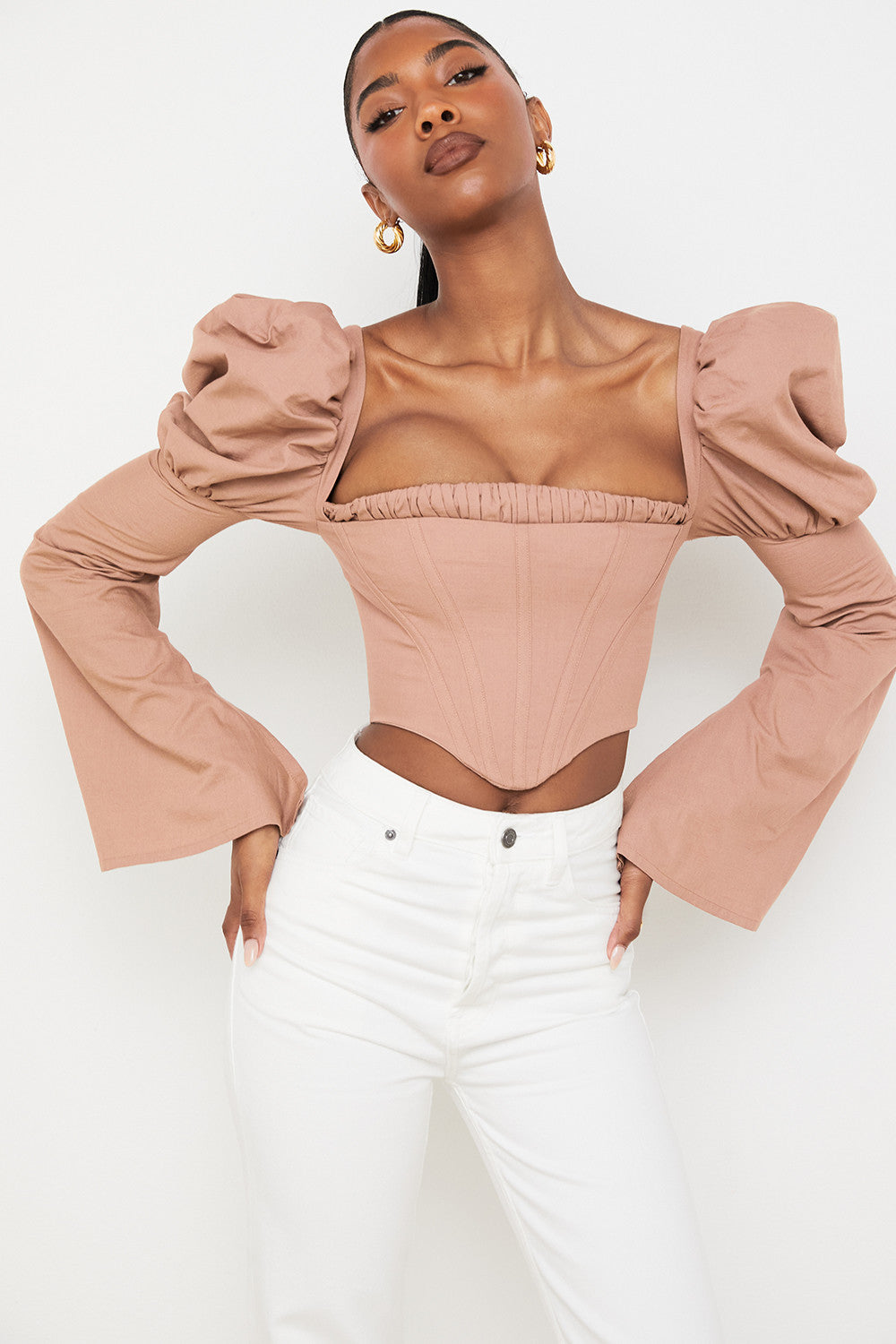 Olga | Mokka Pofmouwen Korset - Fashion Lab