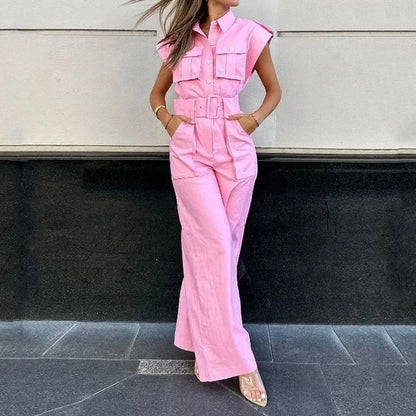 Amalia | Roze Belted Jumpsuit - Fashion Lab