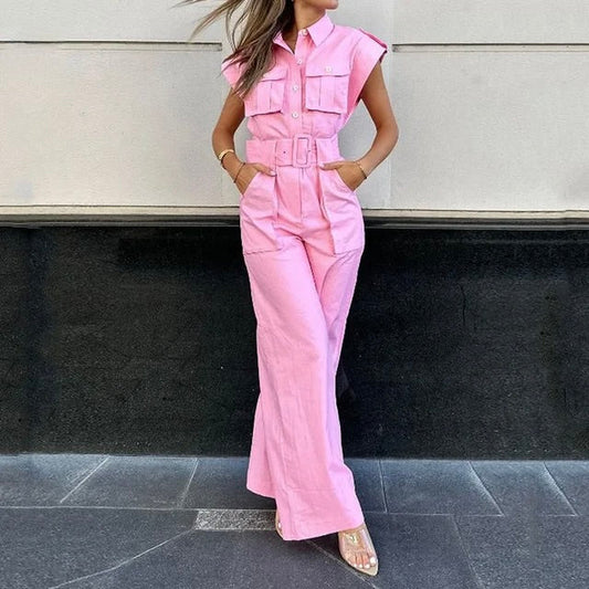 Amalia | Roze Belted Jumpsuit - Fashion Lab