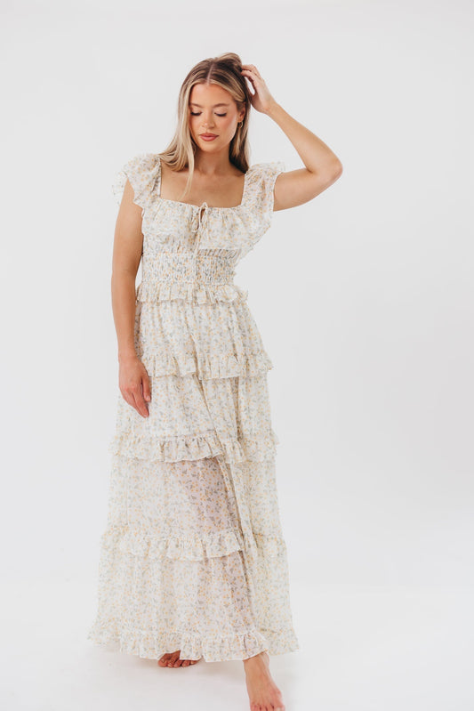 Azra | Maxi Jurk Met Ruches In Gele Bloemenprint - Fashion Lab