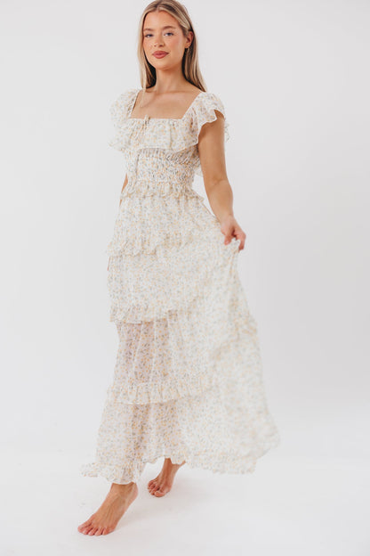 Jurk voor dames – Azra | Maxi Jurk Met Ruches In Gele Bloemenprint