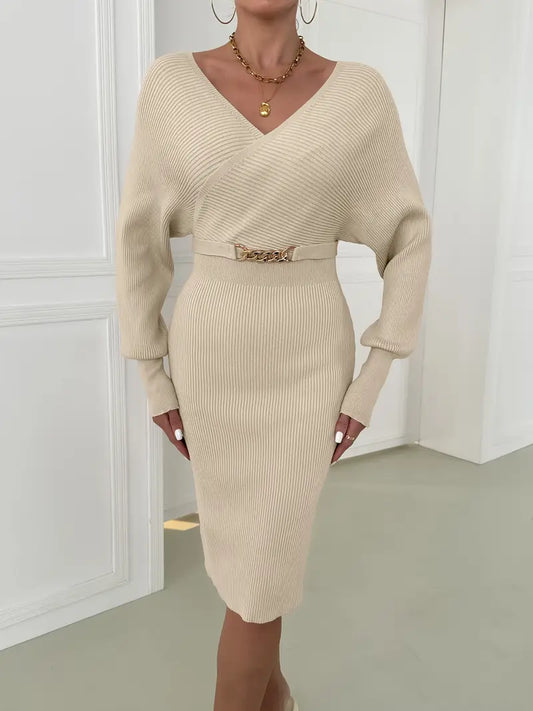 Jessica | Gebreide Midi-Jurk met Riemdetail - Fashion Lab