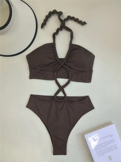 Kara | Ribbed Brown Halter Bikini Set - Fashion Lab