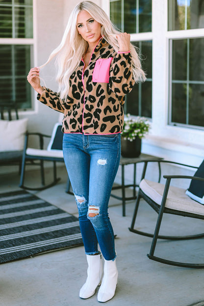 jas voor dames – Edda | Leopard Colorblock Fleece Jas Met Rits