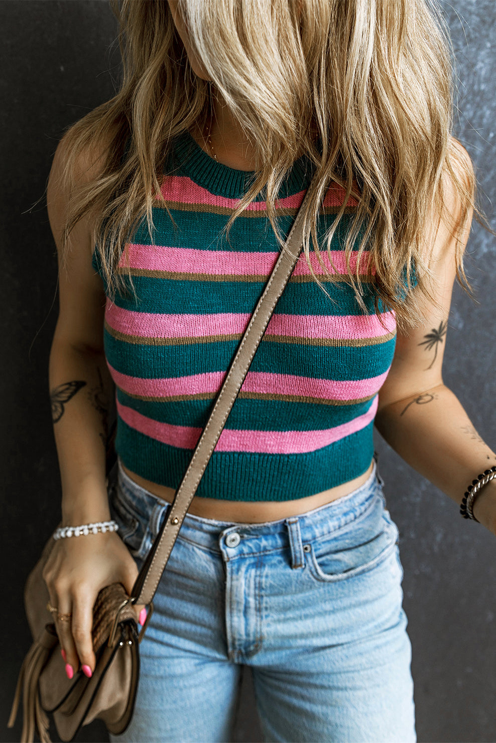 Eglantine | Roze Gestreepte Mouwloze Gebreide Top - Fashion Lab