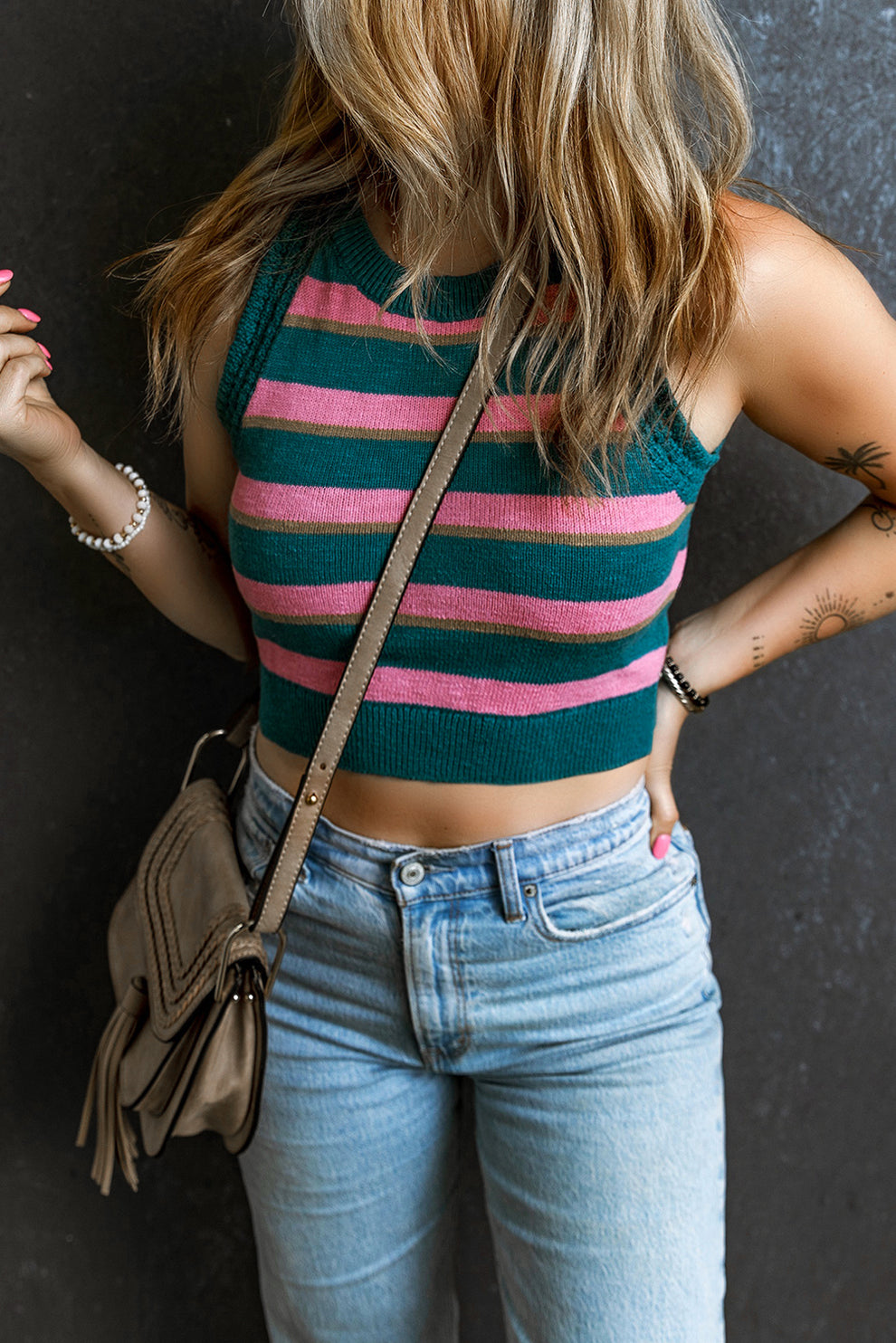 Eglantine | Roze Gestreepte Mouwloze Gebreide Top - Fashion Lab
