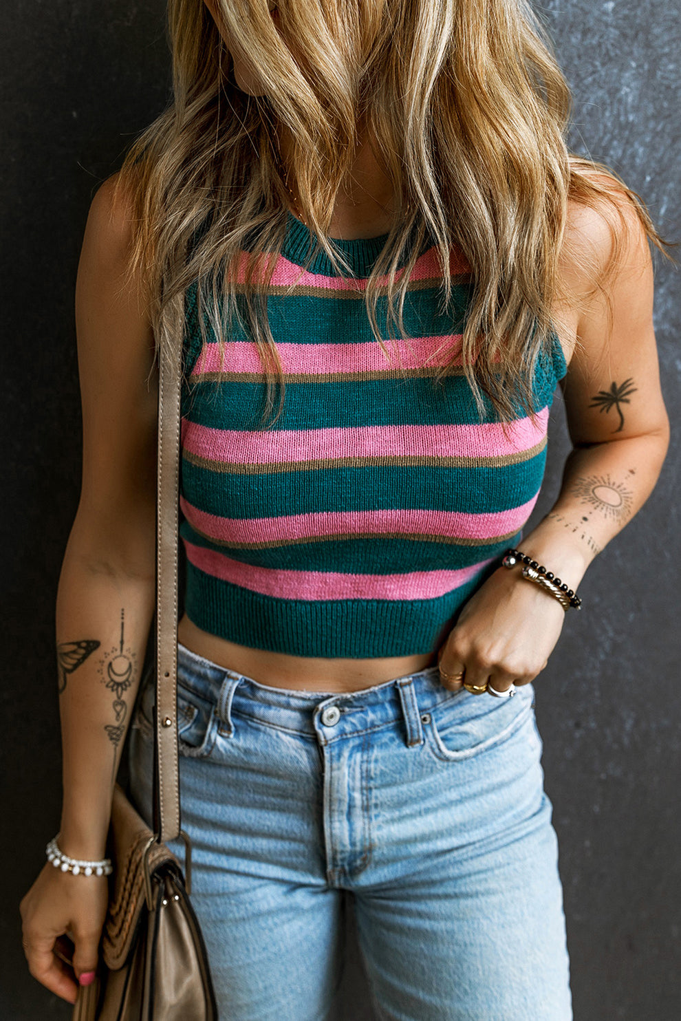 Eglantine | Roze Gestreepte Mouwloze Gebreide Top - Fashion Lab