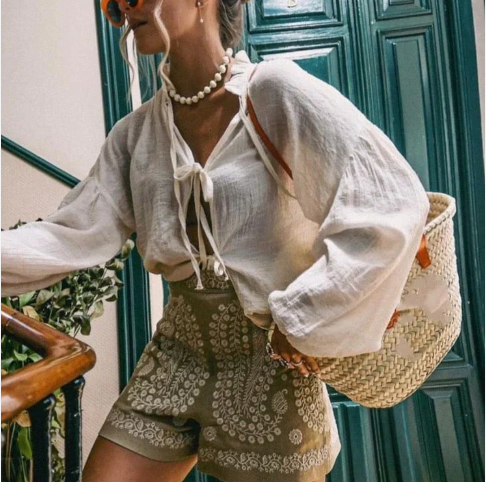 broek voor dames – Graziana | Linnen Shorts Met Bloemenborduursel
