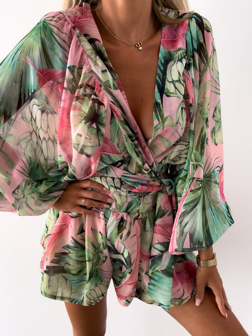 Irene | Chiffon Playsuit met Tropische Print - Fashion Lab