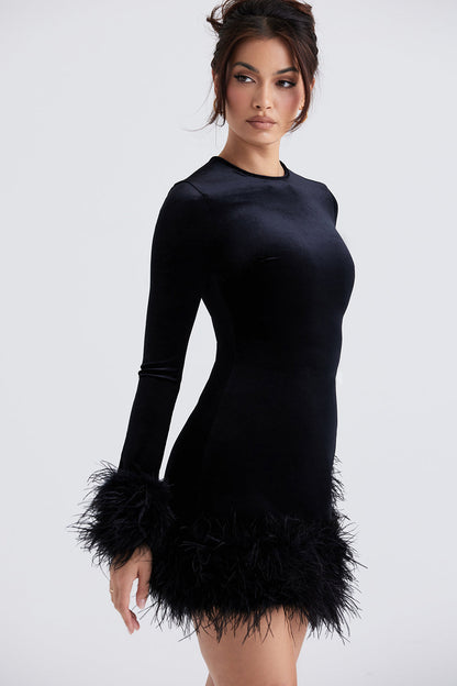 Leony | Fluwelen Mini-Jurk met Veren - Fashion Lab