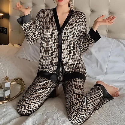 set voor dames – Liselle | Stijlvolle Geometrische Satijnen Pyjama Set
