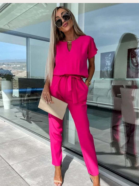 Monique | Jumpsuit Met Korte Mouwen En Ceintuur - Fashion Lab