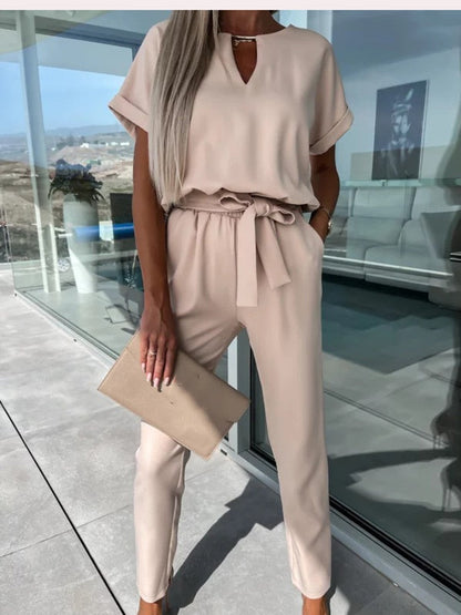 set voor dames – Monique | Jumpsuit Met Korte Mouwen En Ceintuur