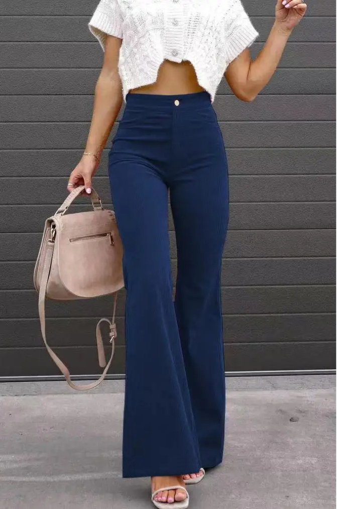 broek voor dames – Zariam | Casual Grijze Hoge Taille Uitlopende Broek Met Verstelbare Tailleband Voor Vrouwen