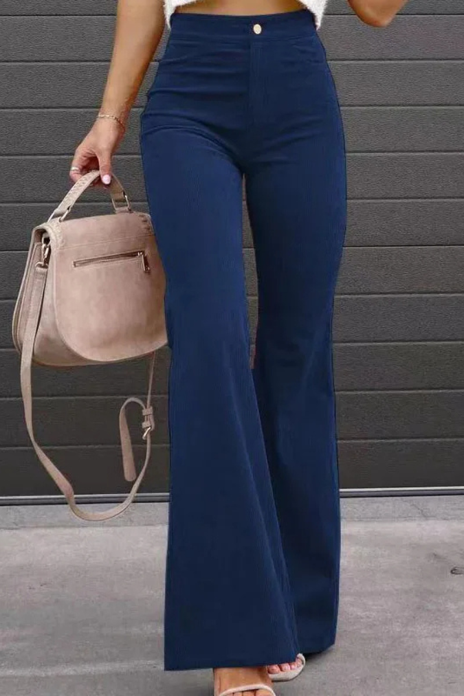broek voor dames – Zariam | Casual Grijze Hoge Taille Uitlopende Broek Met Verstelbare Tailleband Voor Vrouwen