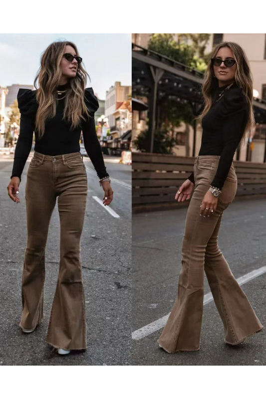 broek voor dames – Zariam | Casual Grijze Hoge Taille Uitlopende Broek Met Verstelbare Tailleband Voor Vrouwen