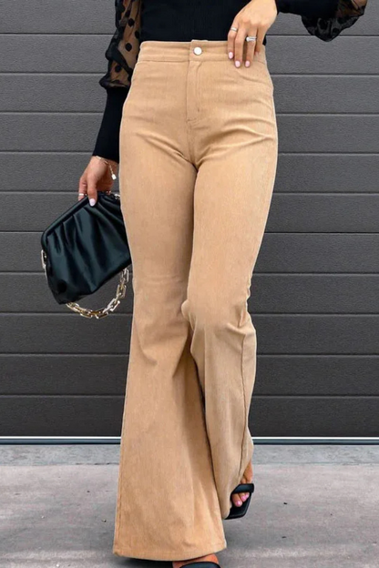 broek voor dames – Zariam | Casual Grijze Hoge Taille Uitlopende Broek Met Verstelbare Tailleband Voor Vrouwen