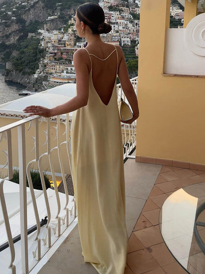 Zelda | Rugloze Satijnen Vakantie Lange Jurk - Fashion Lab