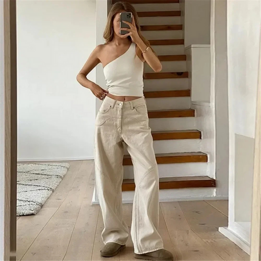 broek voor dames – Zinnia | Casual Beige Lage Taille Loose Fit Uitlopende Broek Voor Vrouwen