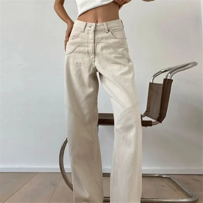 broek voor dames – Zinnia | Casual Beige Lage Taille Loose Fit Uitlopende Broek Voor Vrouwen