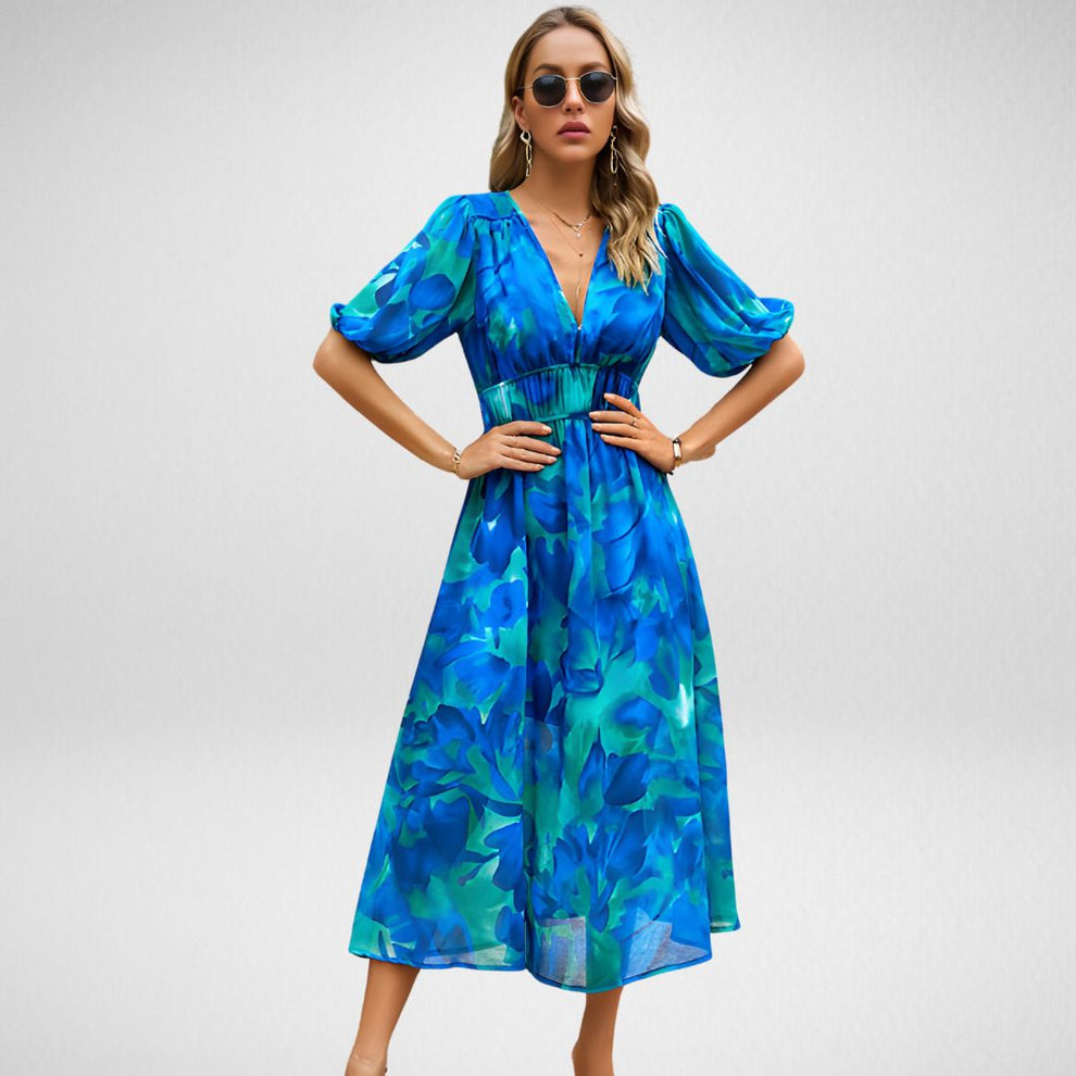 Zyla | Abstracte Print Maxi Jurk Met Pofmouwen - Fashion Lab